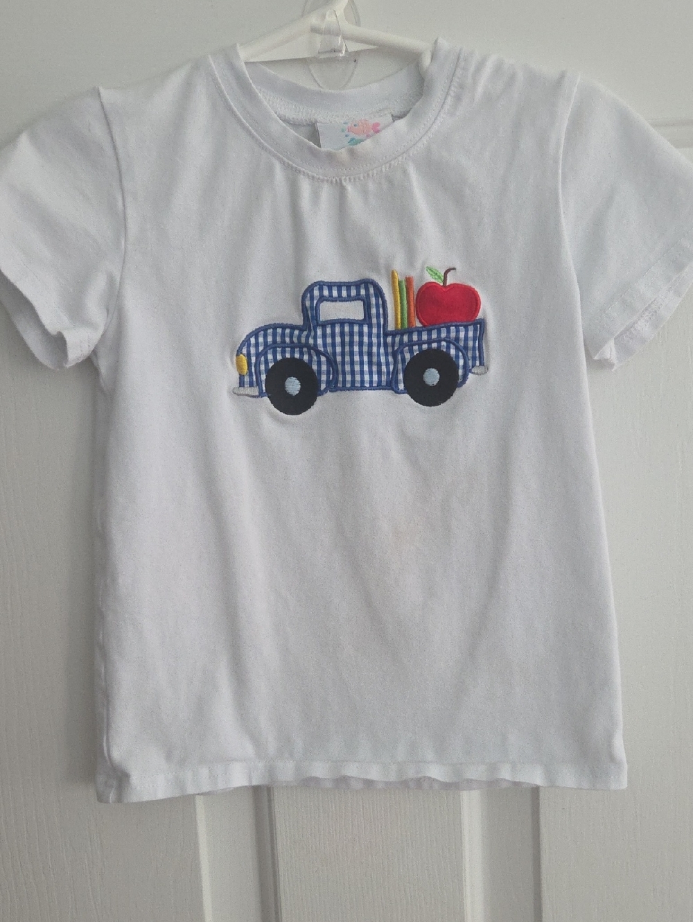 Stitchy Fish White Back To School with Blue Gingham Truck Applique Sz 4T